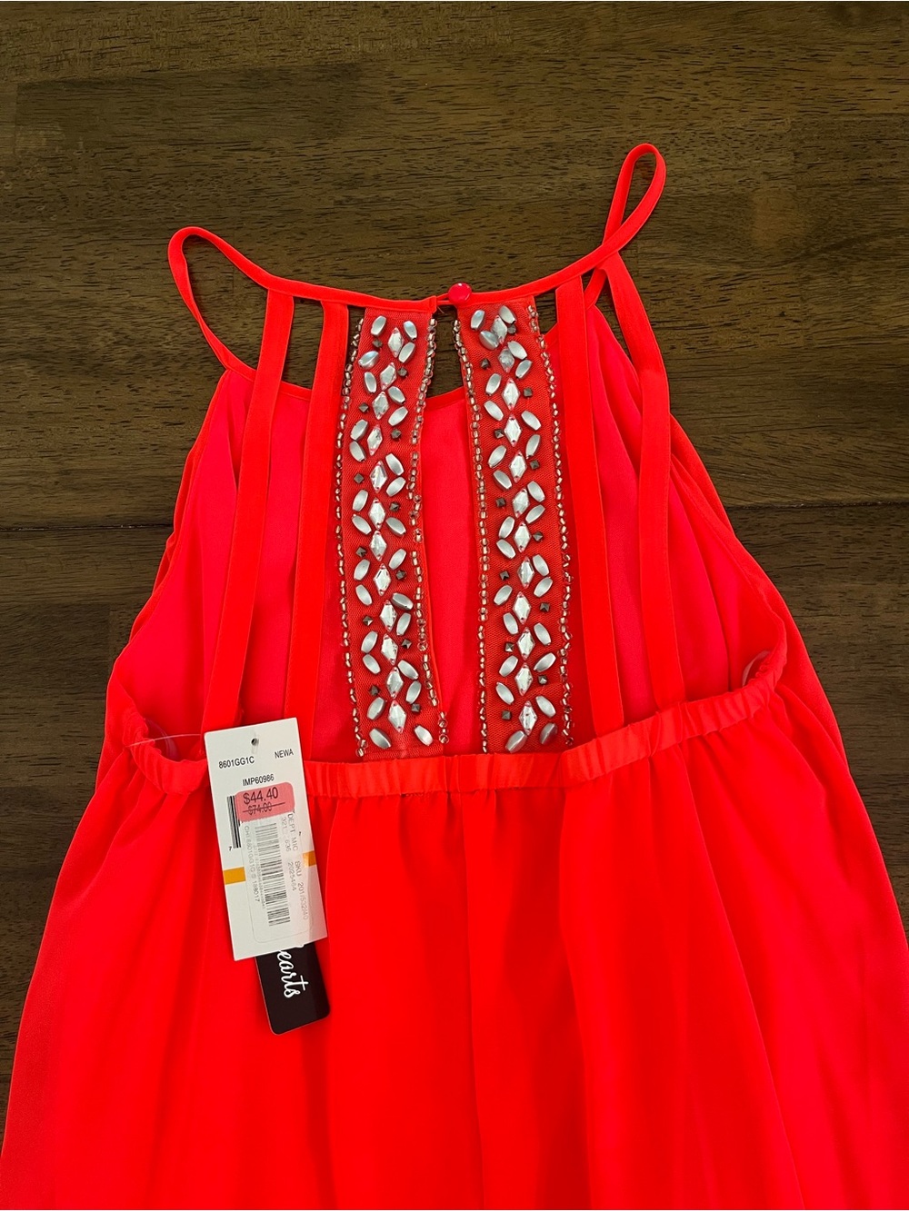 Sequin Hearts Neon Coral Beaded Back Strap Dress Flowy Halter Sz Small NWT - Picture 6 of 8